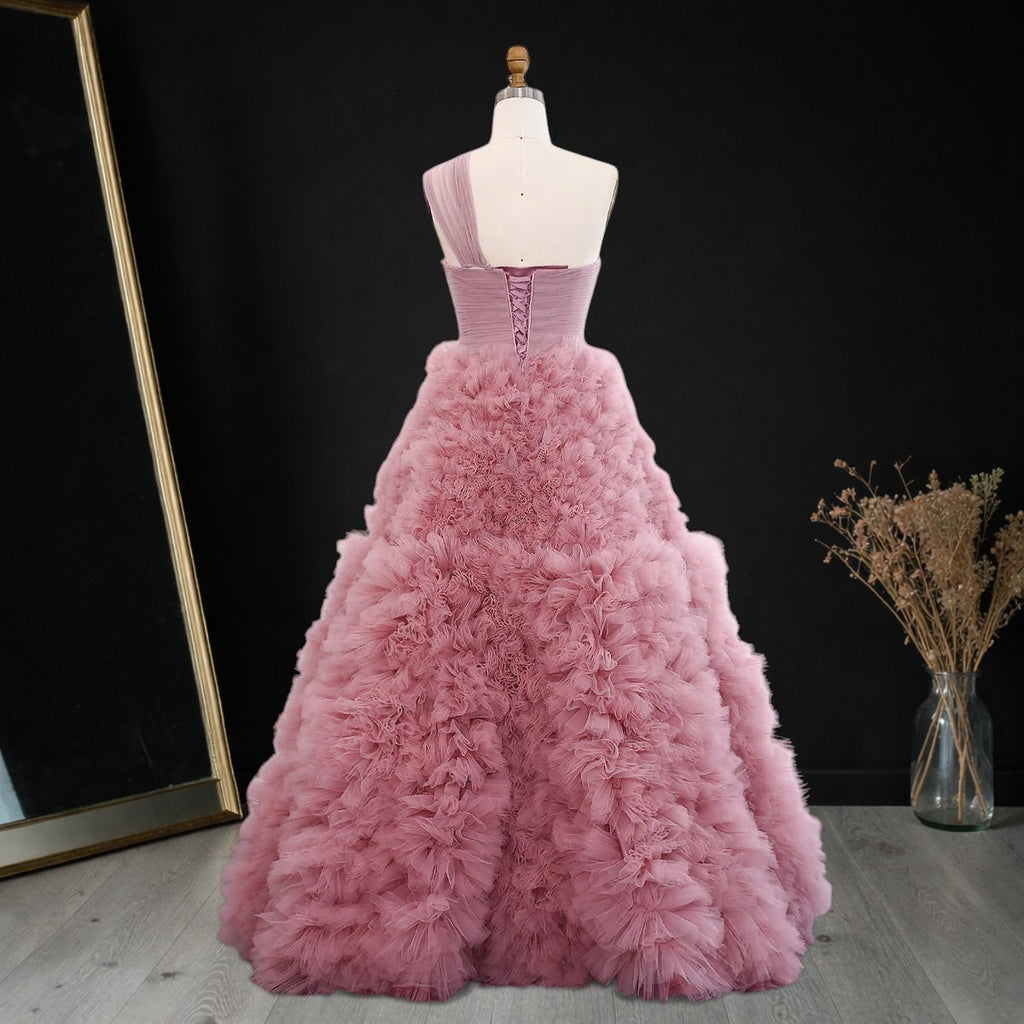 Elegant Rose Pink One-Shoulder Ruffled A-Line Formal Evening Gown YL140