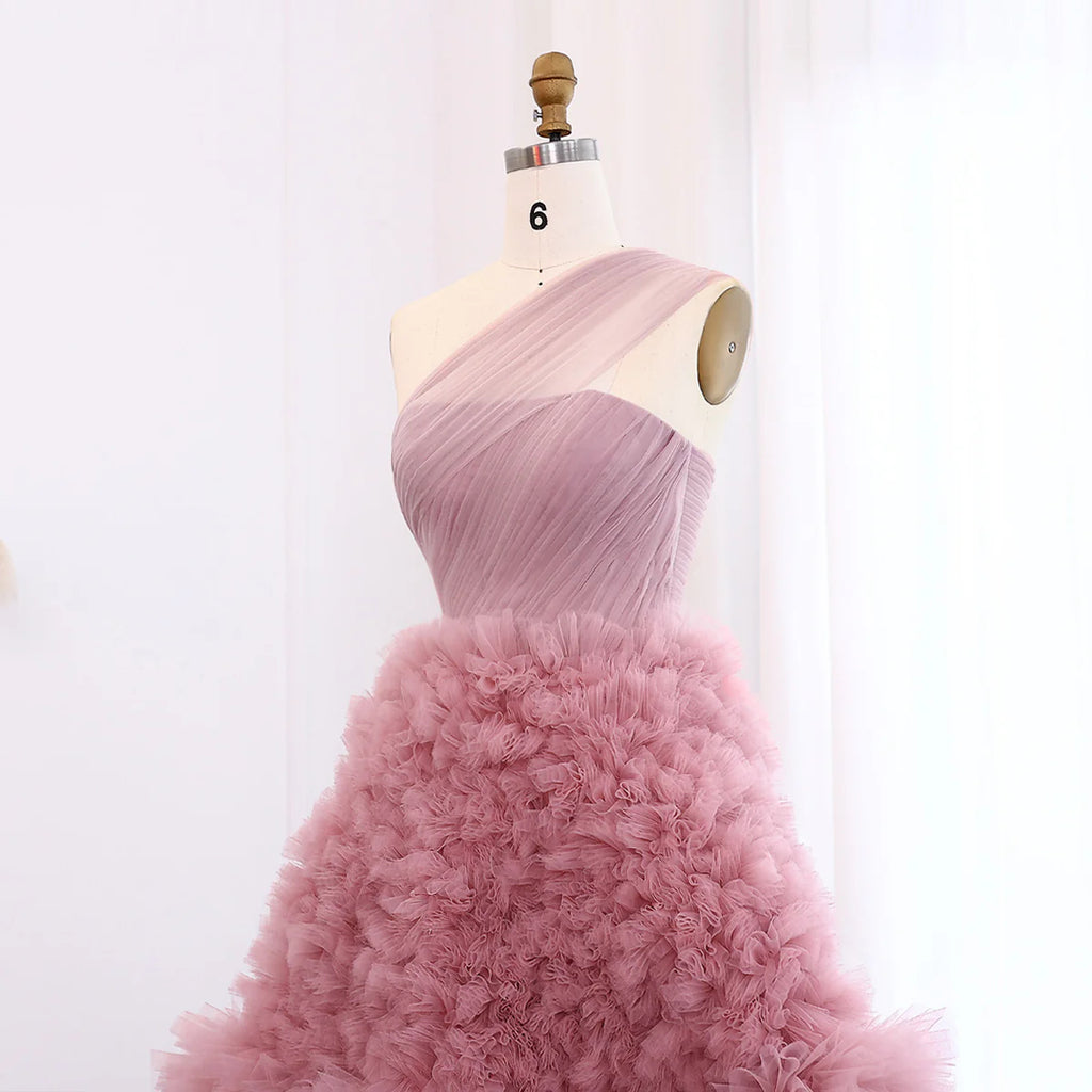 Elegant Rose Pink One-Shoulder Ruffled A-Line Formal Evening Gown YL140