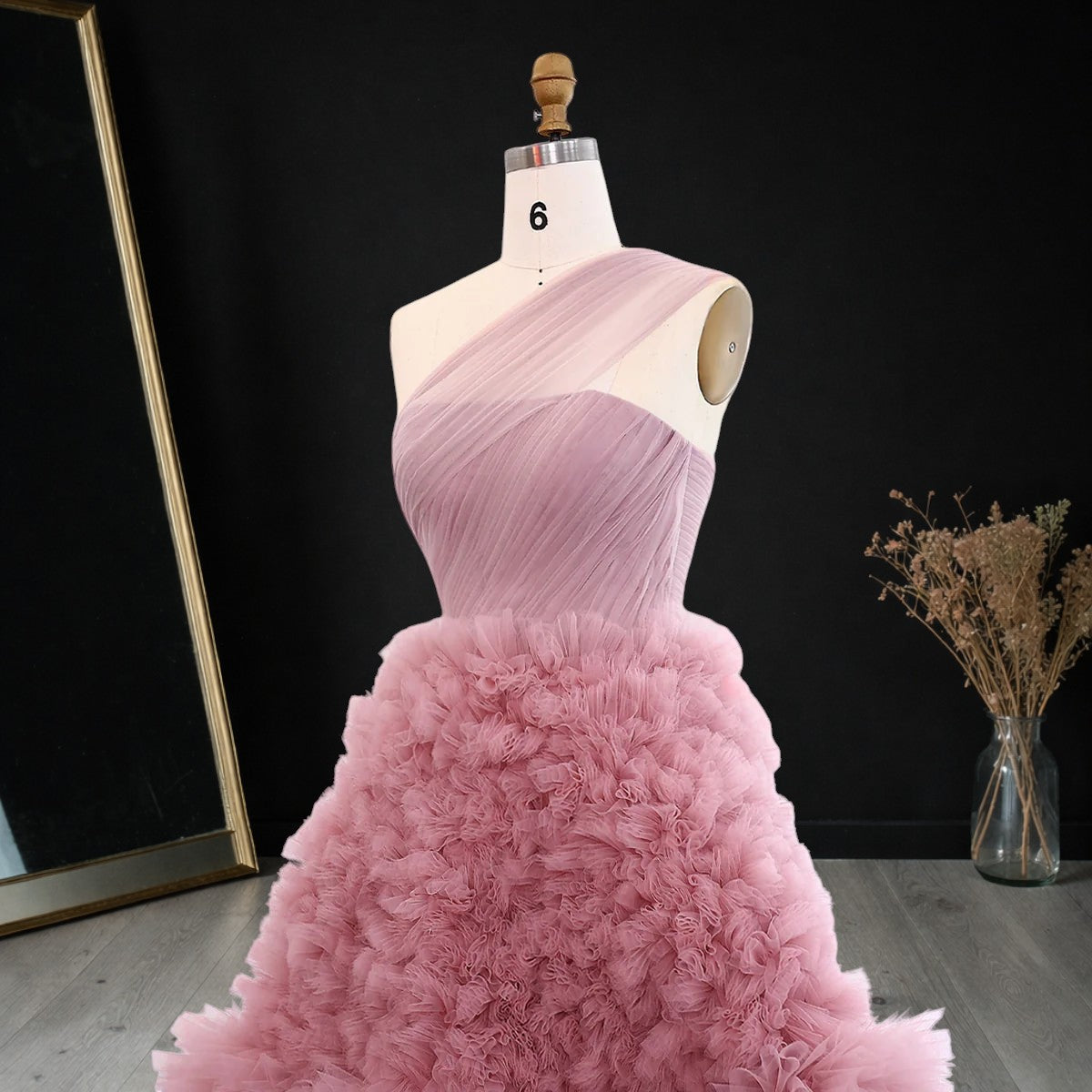 Elegant Rose Pink One-Shoulder Ruffled A-Line Formal Evening Gown YL140