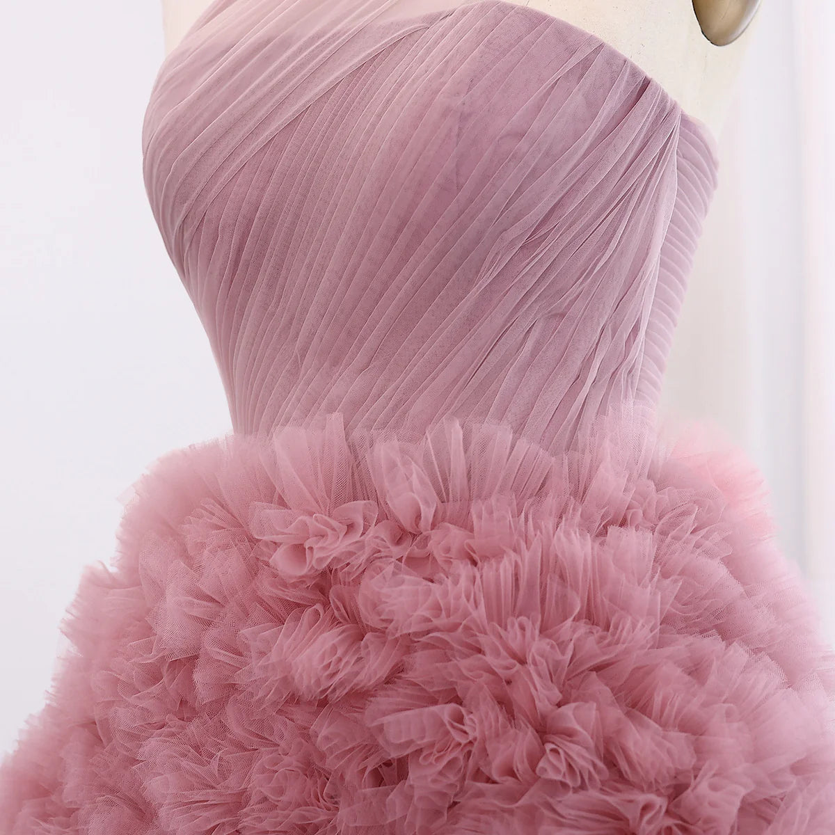 Elegant Rose Pink One-Shoulder Ruffled A-Line Formal Evening Gown YL140