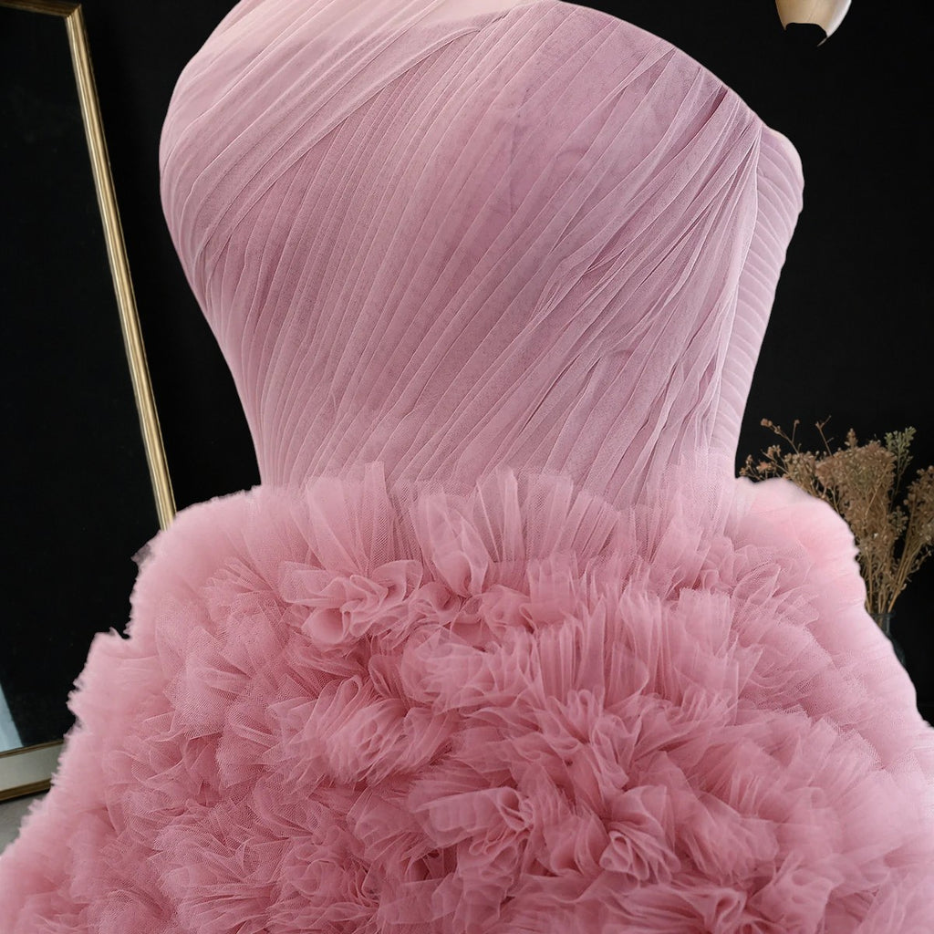 Elegant Rose Pink One-Shoulder Ruffled A-Line Formal Evening Gown YL140