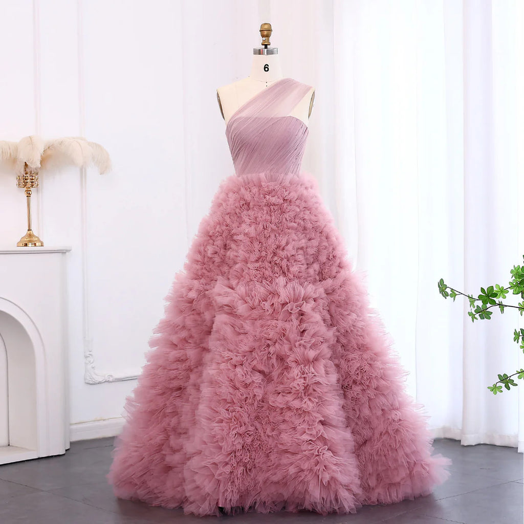 Elegant Rose Pink One-Shoulder Ruffled A-Line Formal Evening Gown YL140
