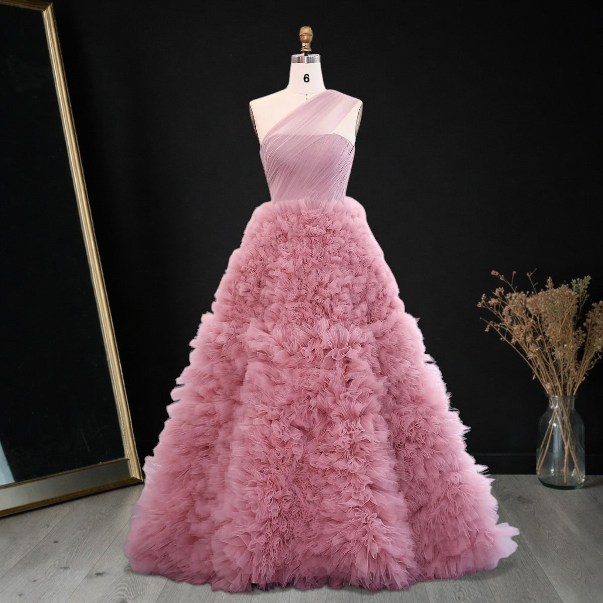 Elegant Rose Pink One-Shoulder Ruffled A-Line Formal Evening Gown YL140