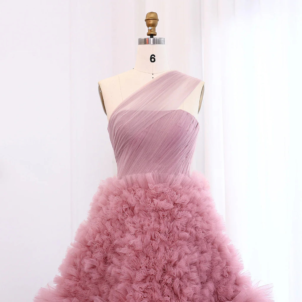 Elegant Rose Pink One-Shoulder Ruffled A-Line Formal Evening Gown YL140