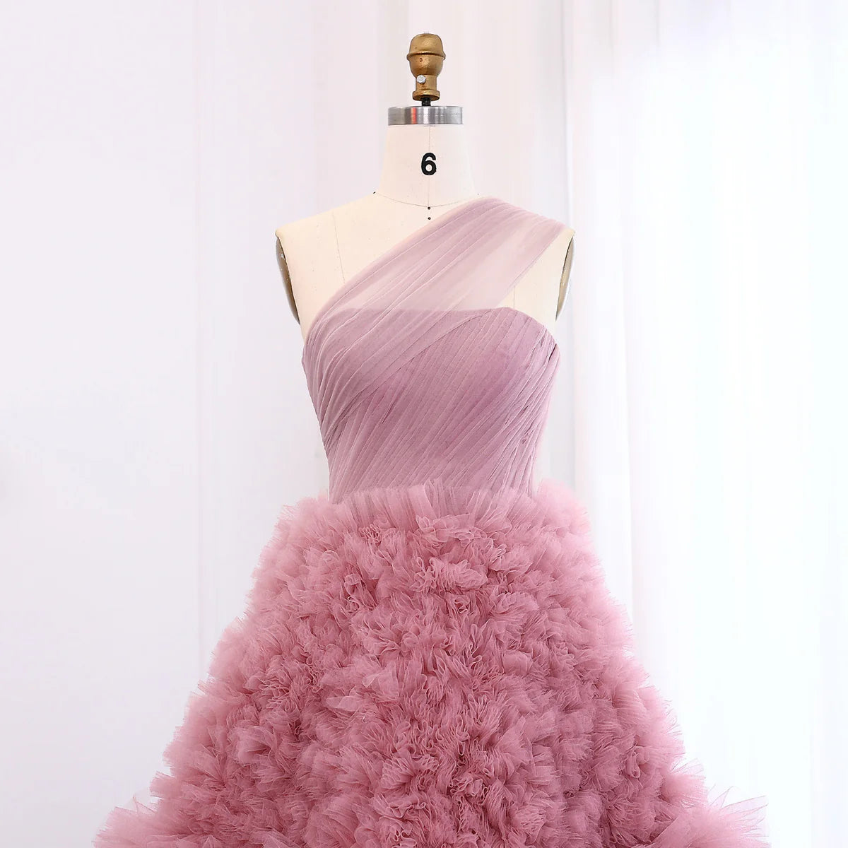 Elegant Rose Pink One-Shoulder Ruffled A-Line Formal Evening Gown YL140