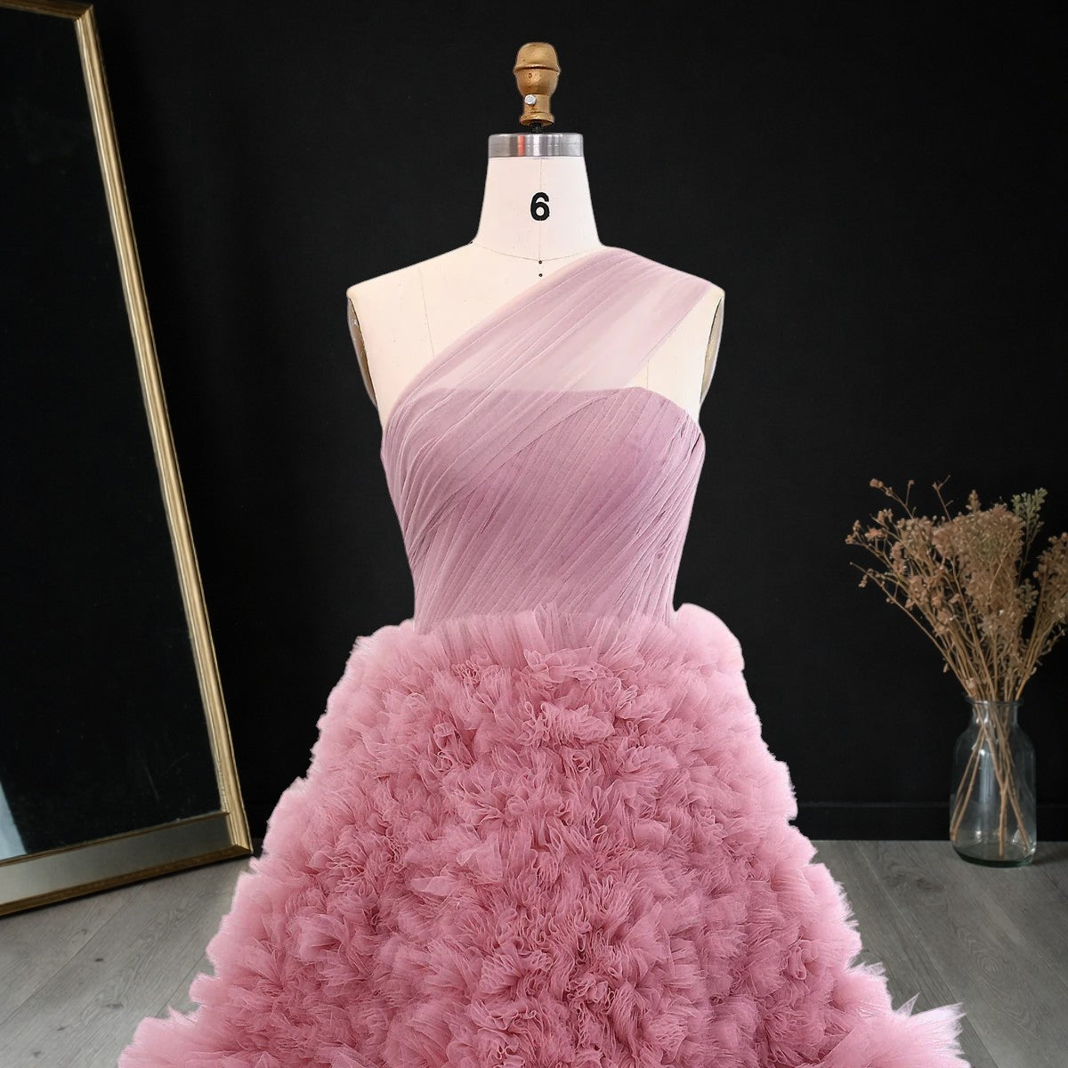 Elegant Rose Pink One-Shoulder Ruffled A-Line Formal Evening Gown YL140