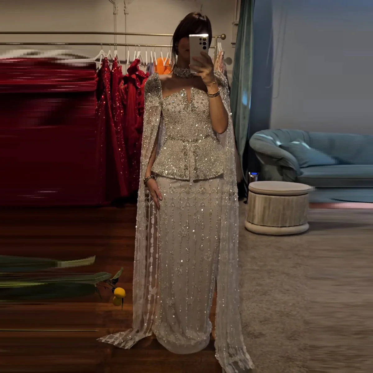 Luxury Beaded Sequin Cape-Sleeve Peplum Evening Dress with Neck Ring YL141