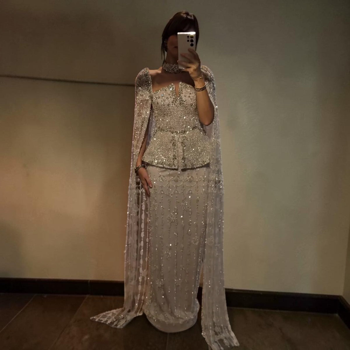 Luxury Beaded Sequin Cape-Sleeve Peplum Evening Dress with Neck Ring YL141