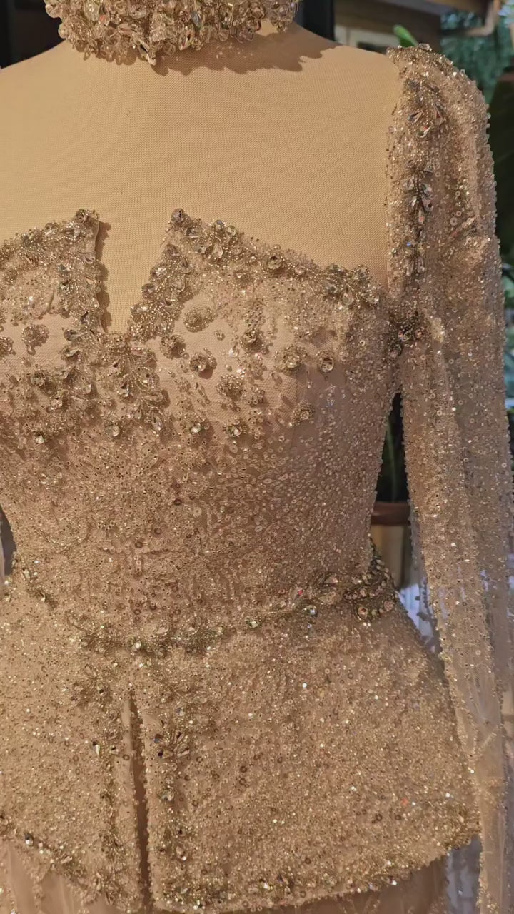 Luxury Beaded Sequin Cape-Sleeve Peplum Evening Dress with Neck Ring YL141