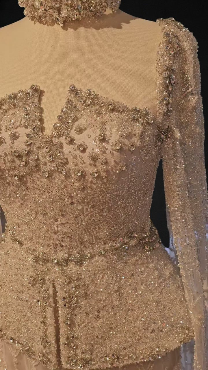 Luxury Beaded Sequin Cape-Sleeve Peplum Evening Dress with Neck Ring YL141