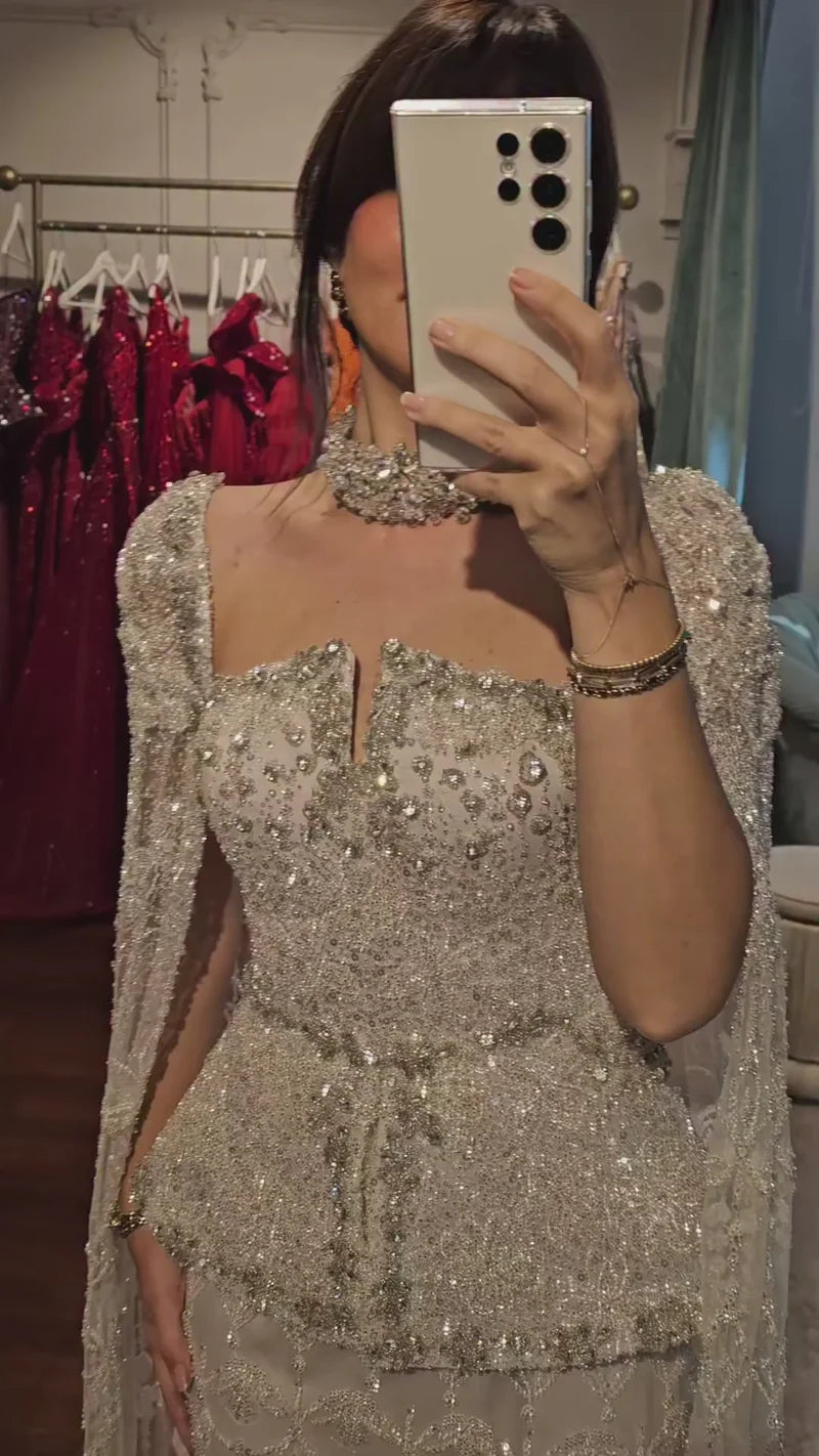 Luxury Beaded Sequin Cape-Sleeve Peplum Evening Dress with Neck Ring YL141