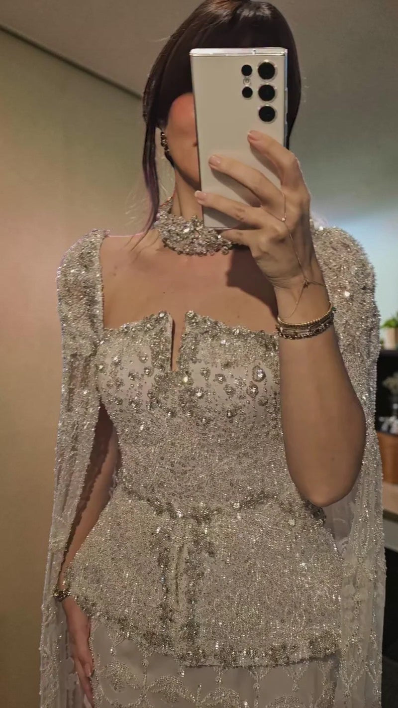 Luxury Beaded Sequin Cape-Sleeve Peplum Evening Dress with Neck Ring YL141