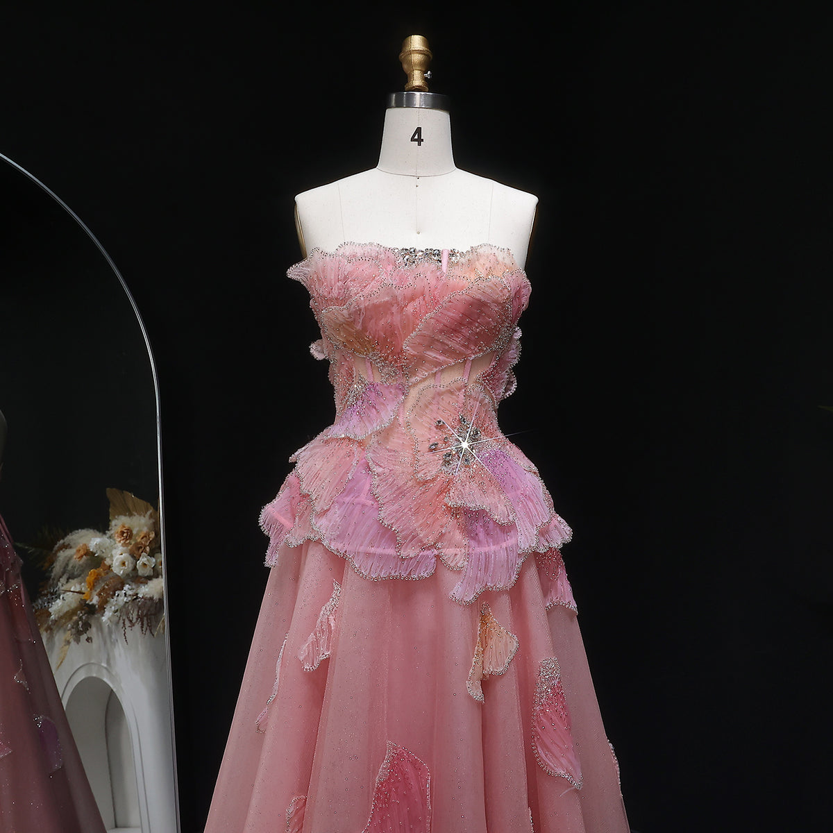 Elegant Pink 3D Floral Beaded Ball Gown Evening Dress YL142