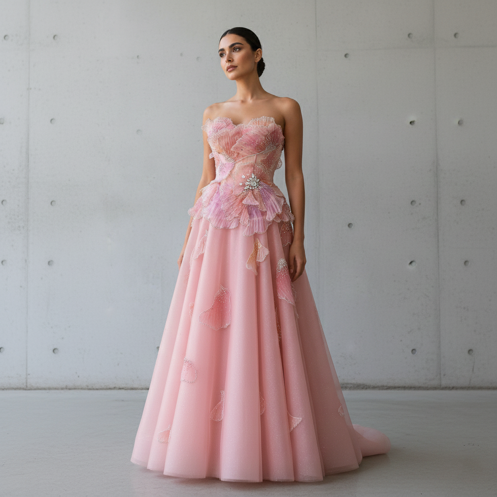 Elegant Pink 3D Floral Beaded Ball Gown Evening Dress YL142