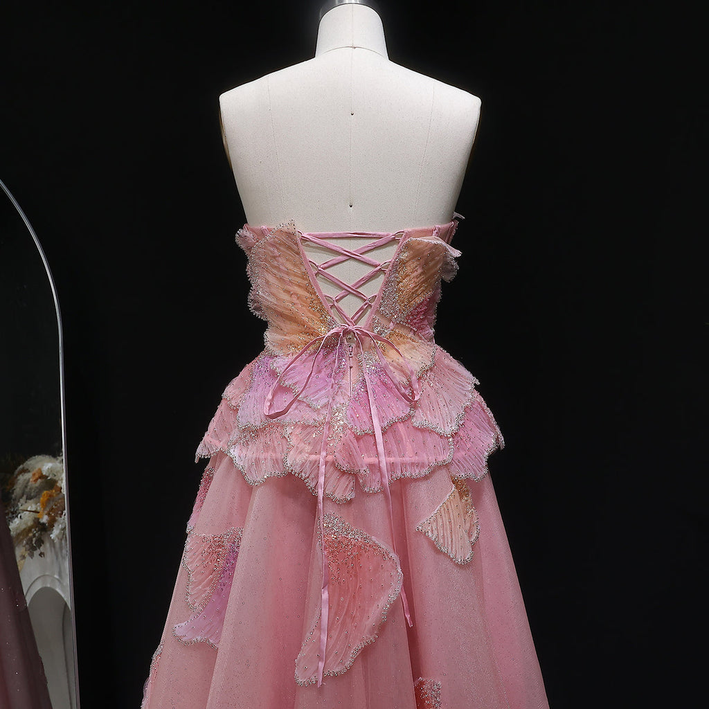 Elegant Pink 3D Floral Beaded Ball Gown Evening Dress YL142