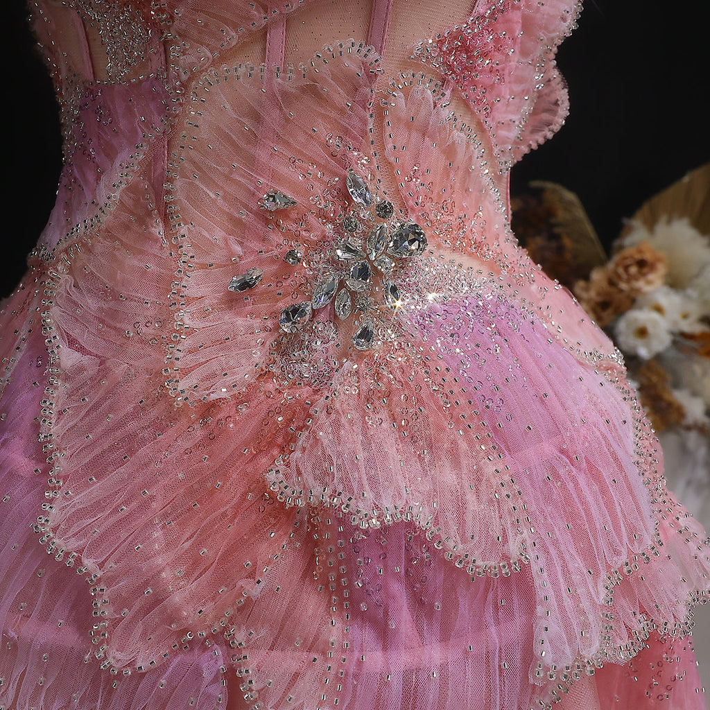 Elegant Pink 3D Floral Beaded Ball Gown Evening Dress YL142