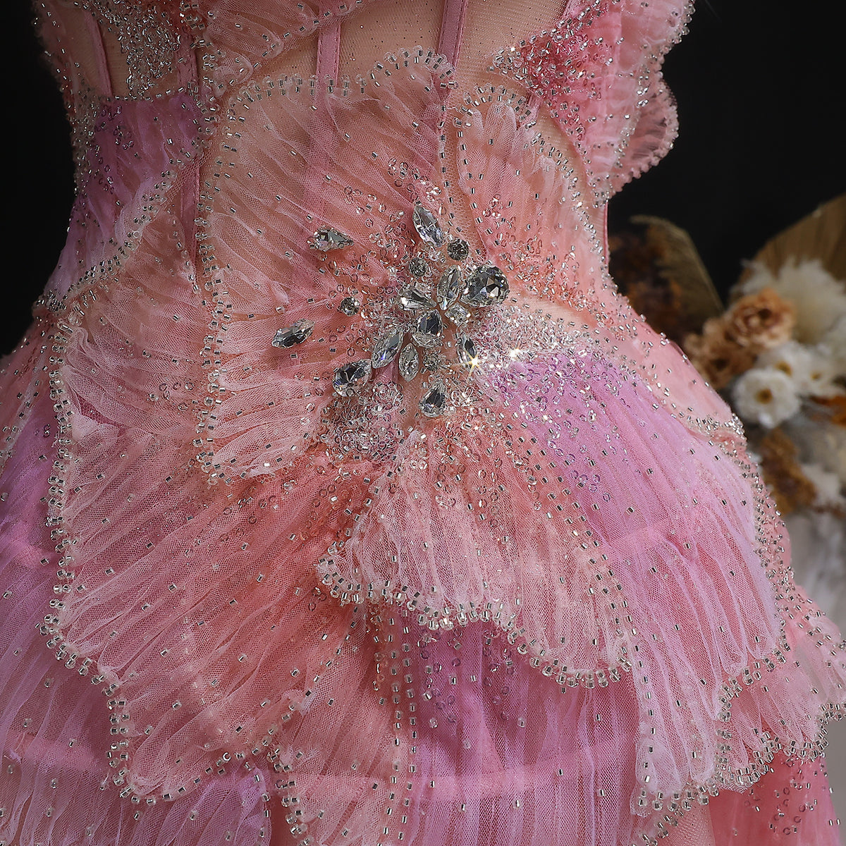 Elegant Pink 3D Floral Beaded Ball Gown Evening Dress YL142