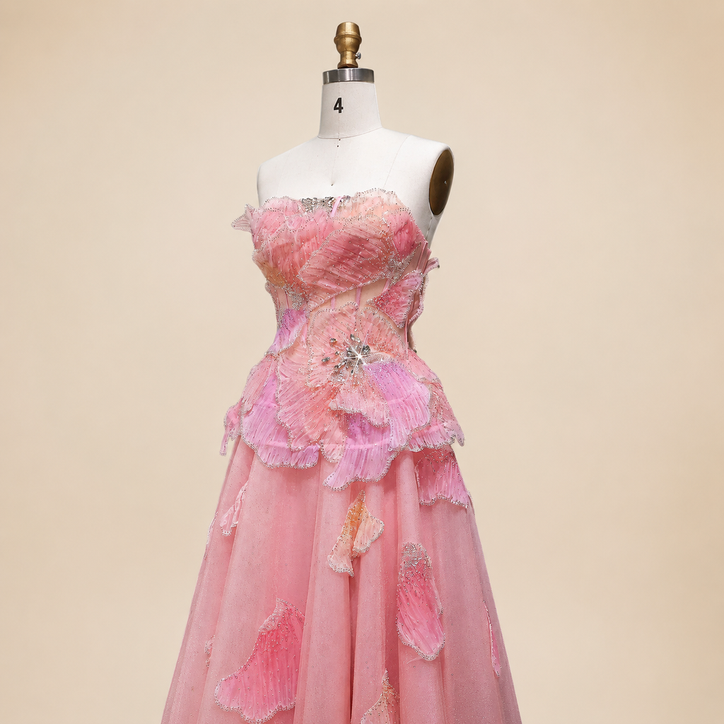 Elegant Pink 3D Floral Beaded Ball Gown Evening Dress YL142