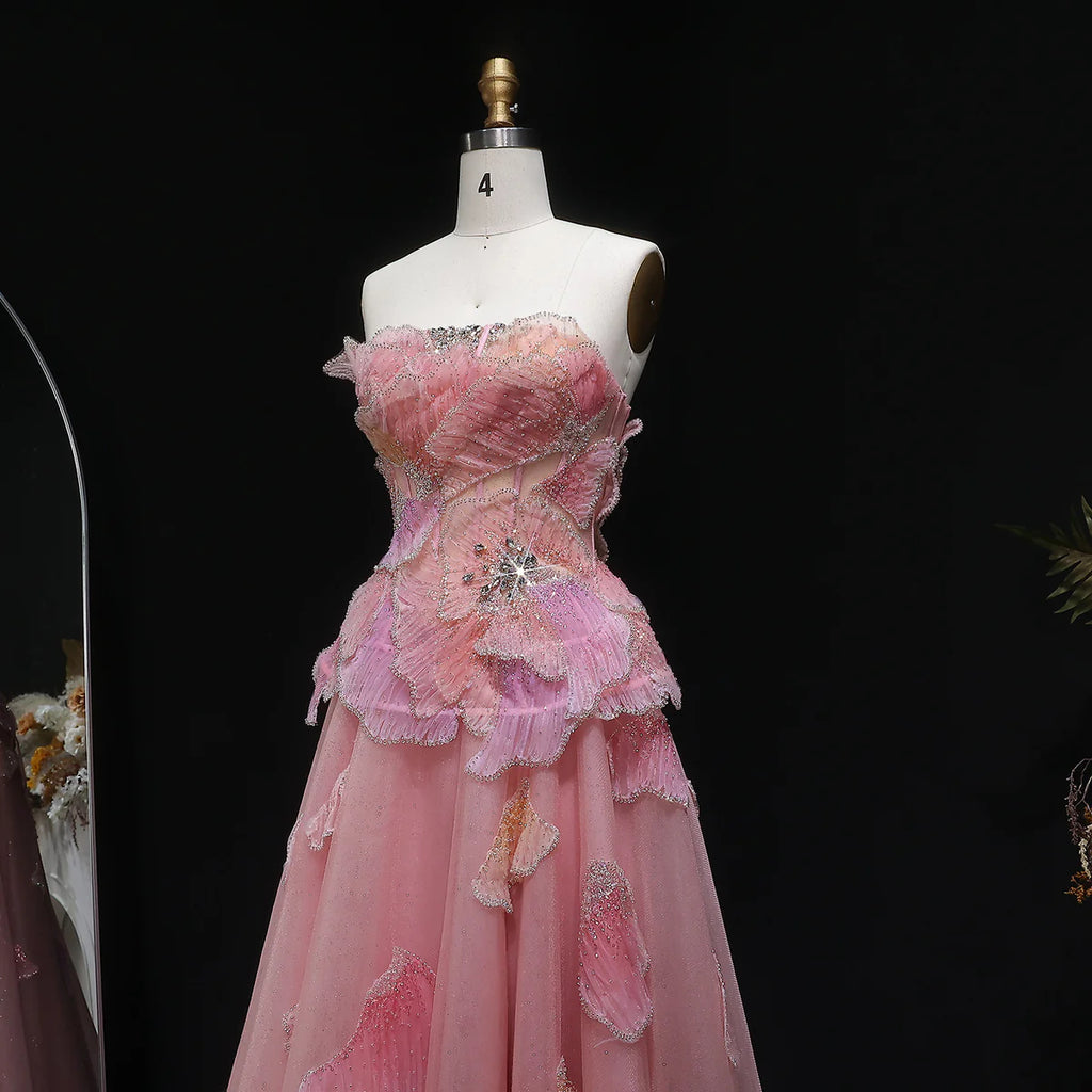 Elegant Pink 3D Floral Beaded Ball Gown Evening Dress YL142