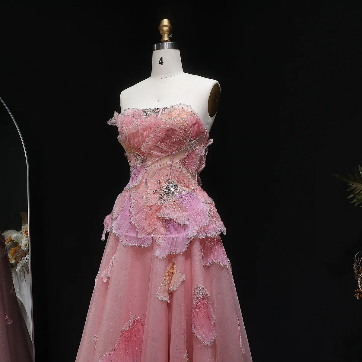 Elegant Pink 3D Floral Beaded Ball Gown Evening Dress YL142