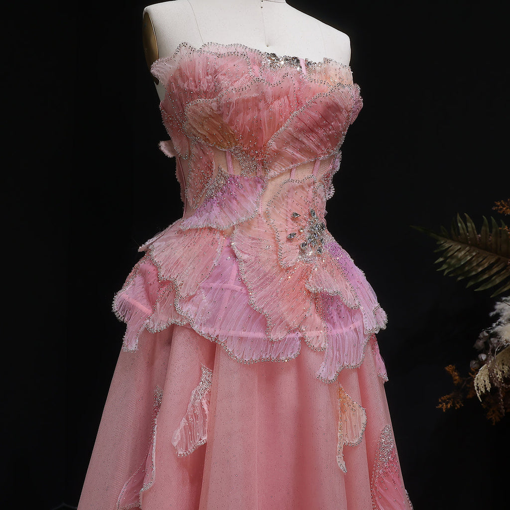 Elegant Pink 3D Floral Beaded Ball Gown Evening Dress YL142