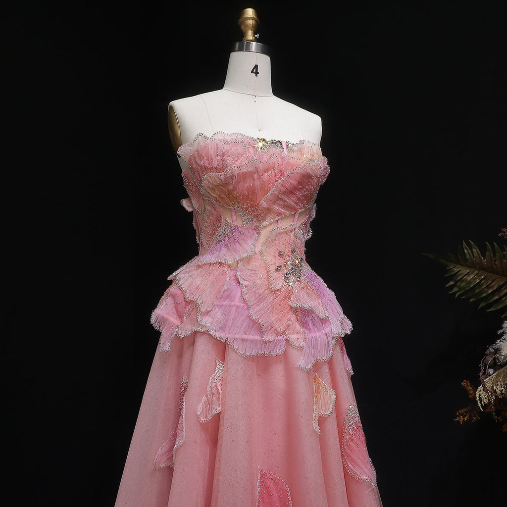 Elegant Pink 3D Floral Beaded Ball Gown Evening Dress YL142