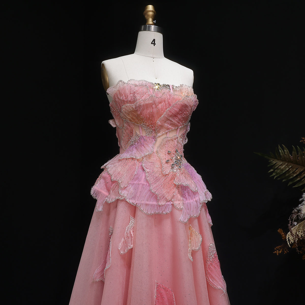 Elegant Pink 3D Floral Beaded Ball Gown Evening Dress YL142