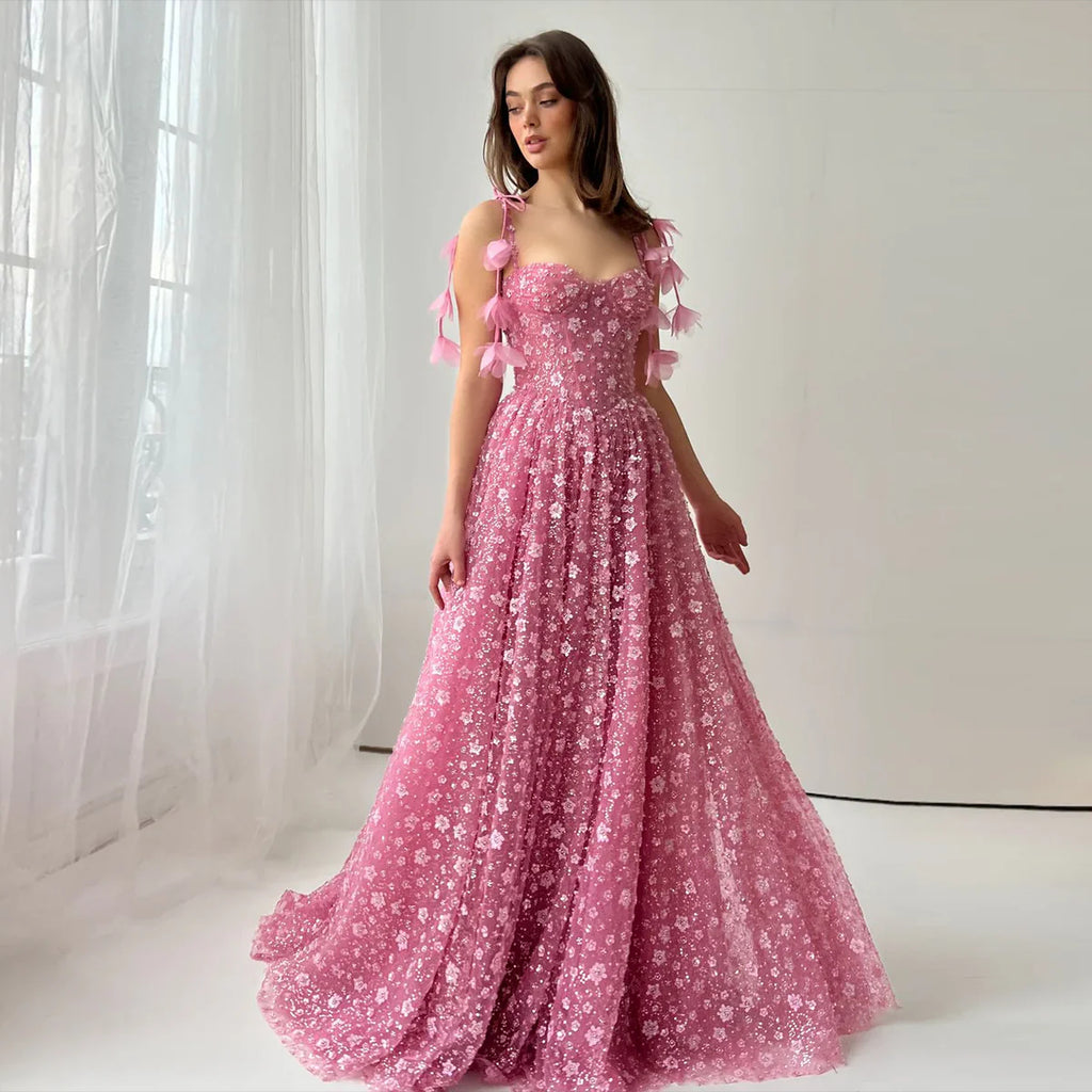 Elegant Pink 3D Floral Spaghetti Strap Evening Dress YL144