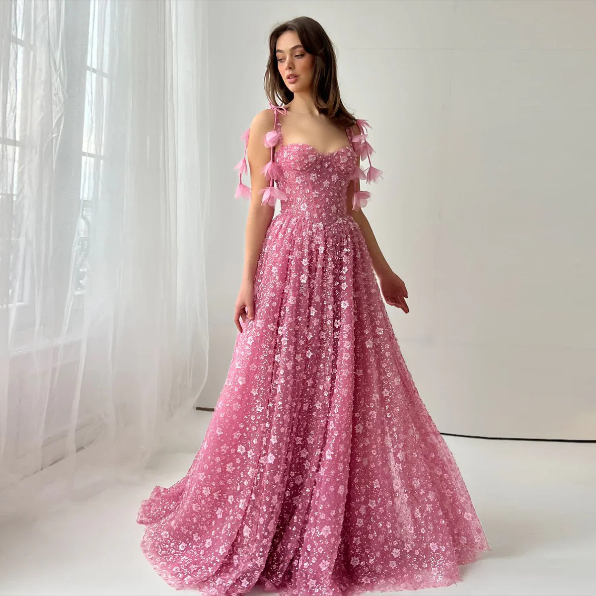 Elegant Pink 3D Floral Spaghetti Strap Evening Dress YL144