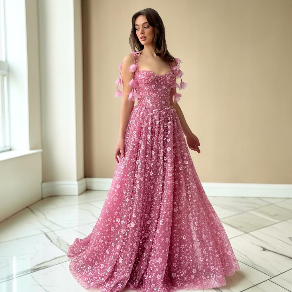 Elegant Pink 3D Floral Spaghetti Strap Evening Dress YL144