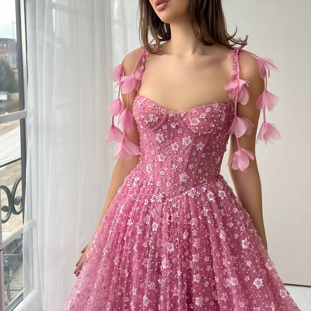 Elegant Pink 3D Floral Spaghetti Strap Evening Dress YL144