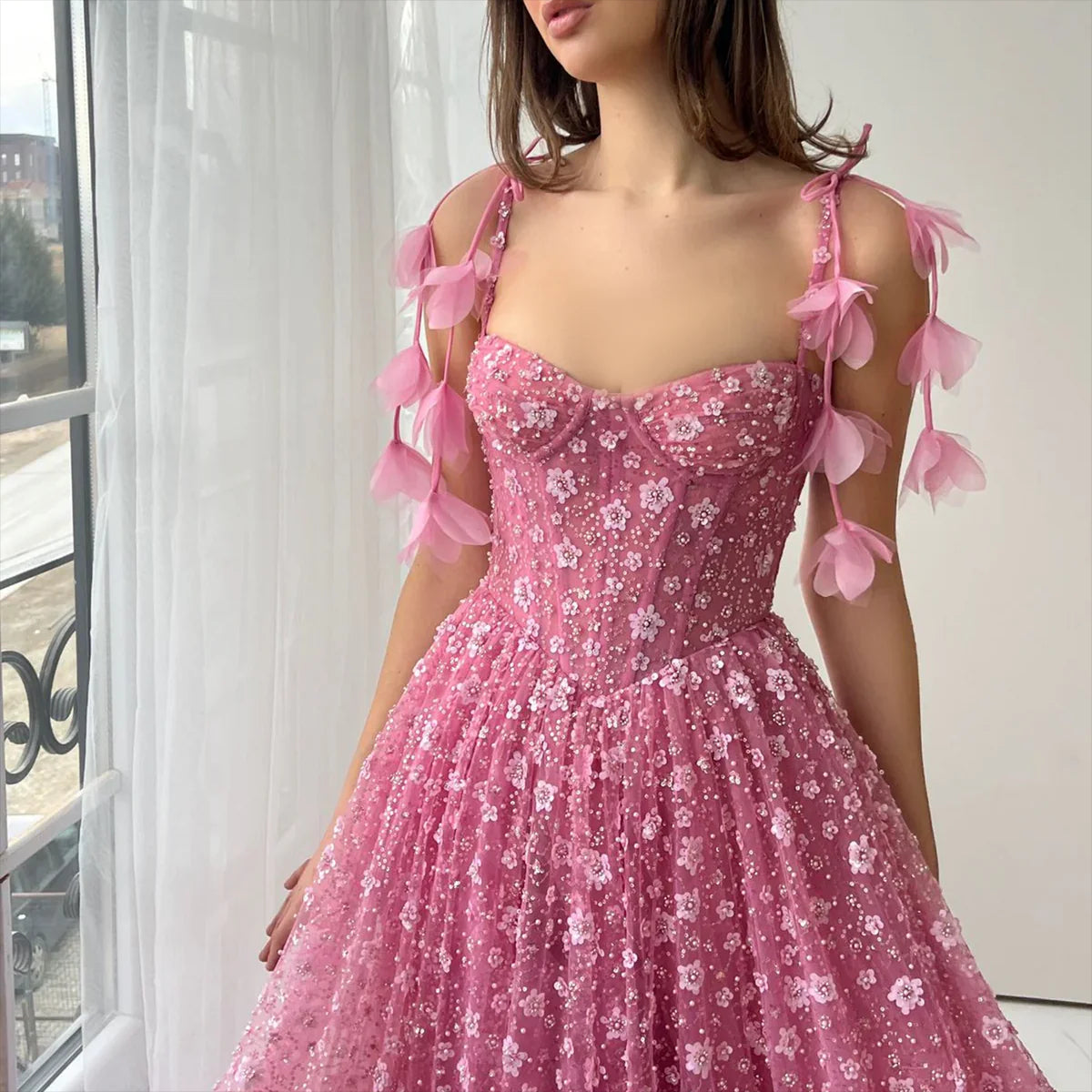 Elegant Pink 3D Floral Spaghetti Strap Evening Dress YL144