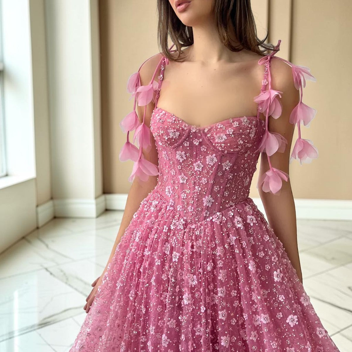 Elegant Pink 3D Floral Spaghetti Strap Evening Dress YL144