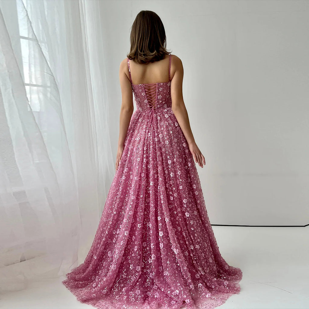 Elegant Pink 3D Floral Spaghetti Strap Evening Dress YL144