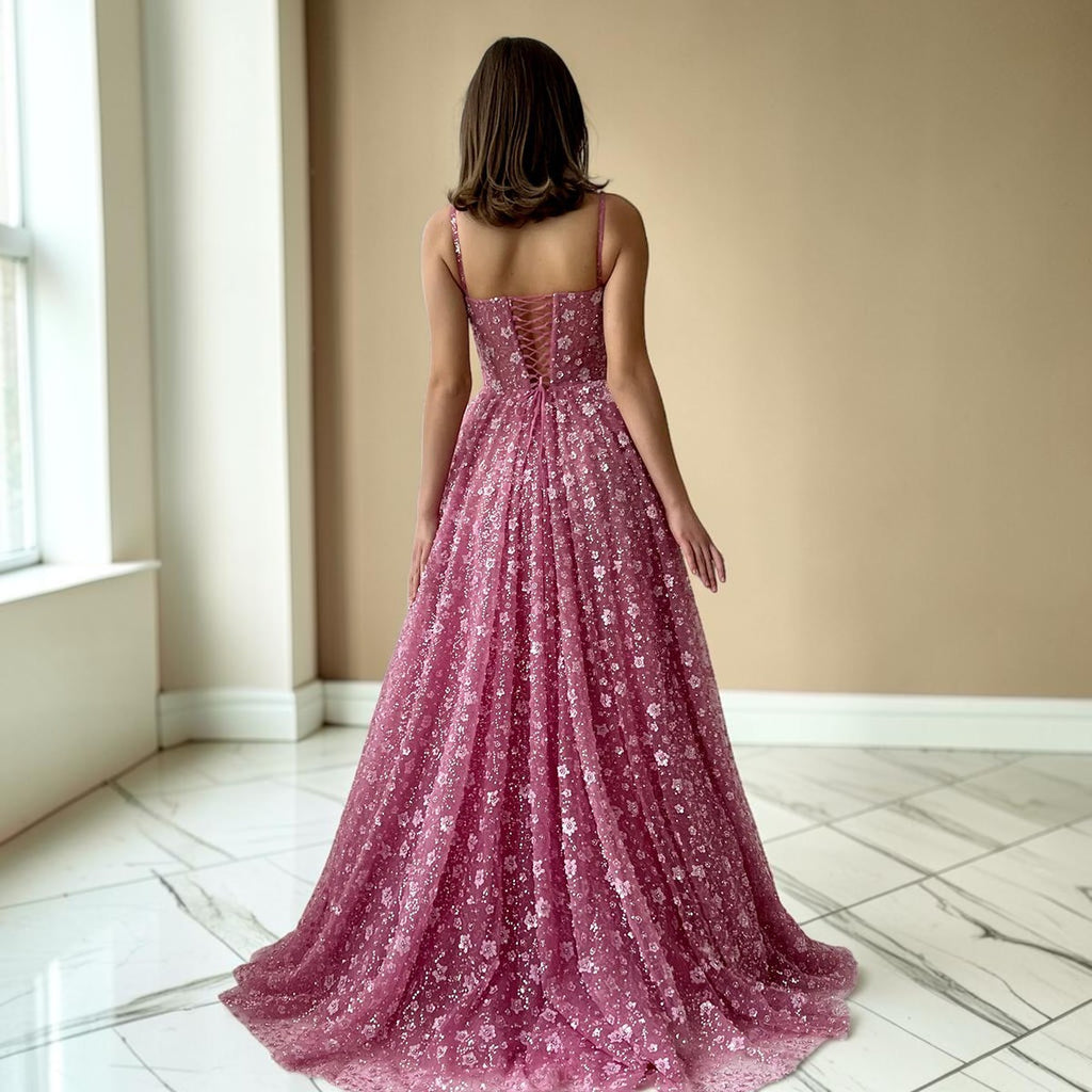 Elegant Pink 3D Floral Spaghetti Strap Evening Dress YL144
