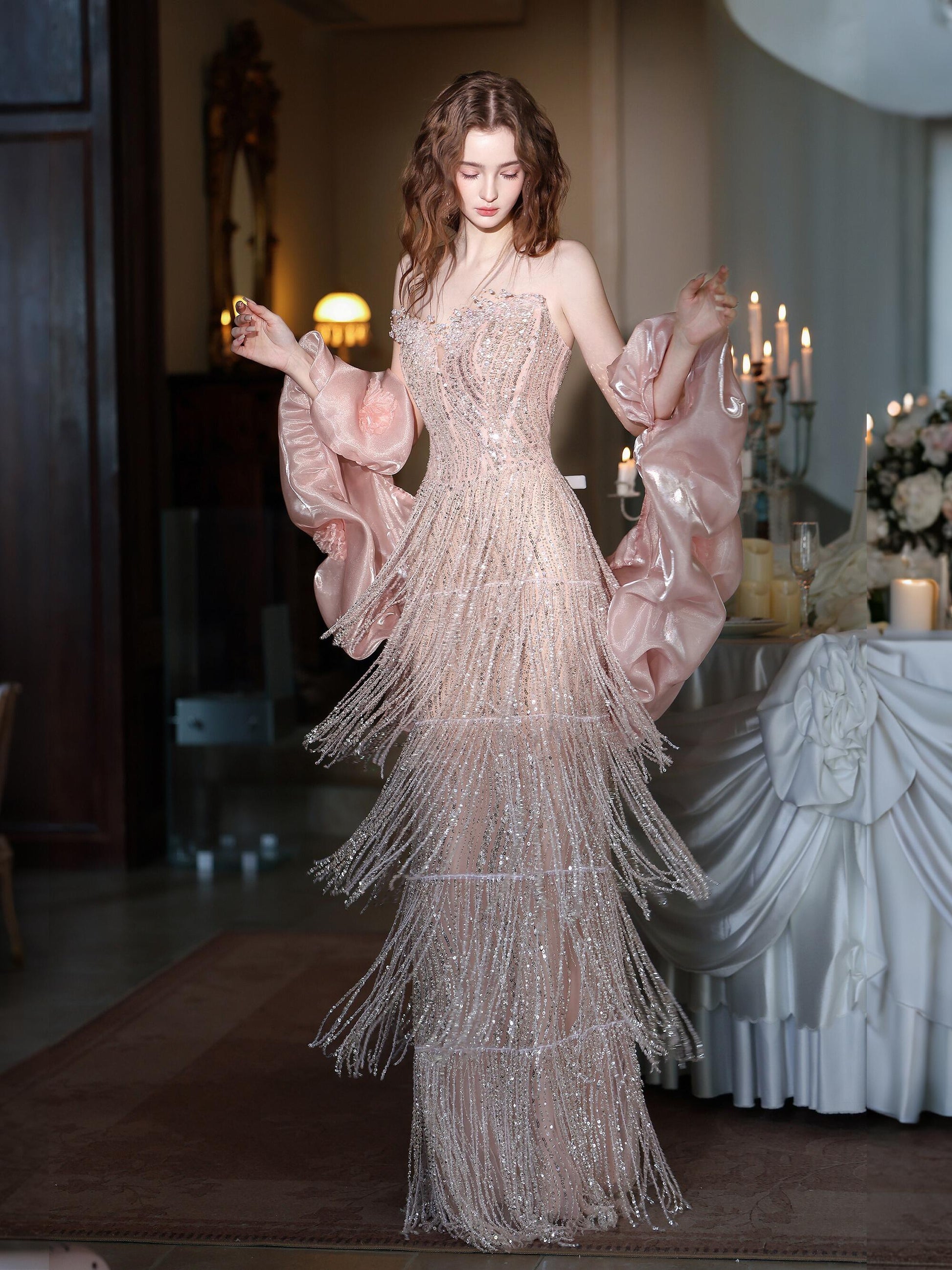 Luxury Sequin Beaded Evening Gown with Dramatic Organza Sleeves SL205