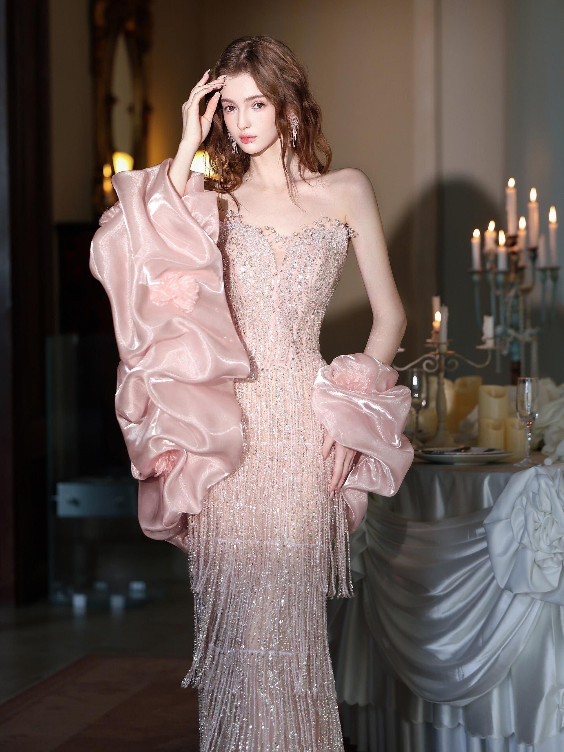 Luxury Sequin Beaded Evening Gown with Dramatic Organza Sleeves SL205