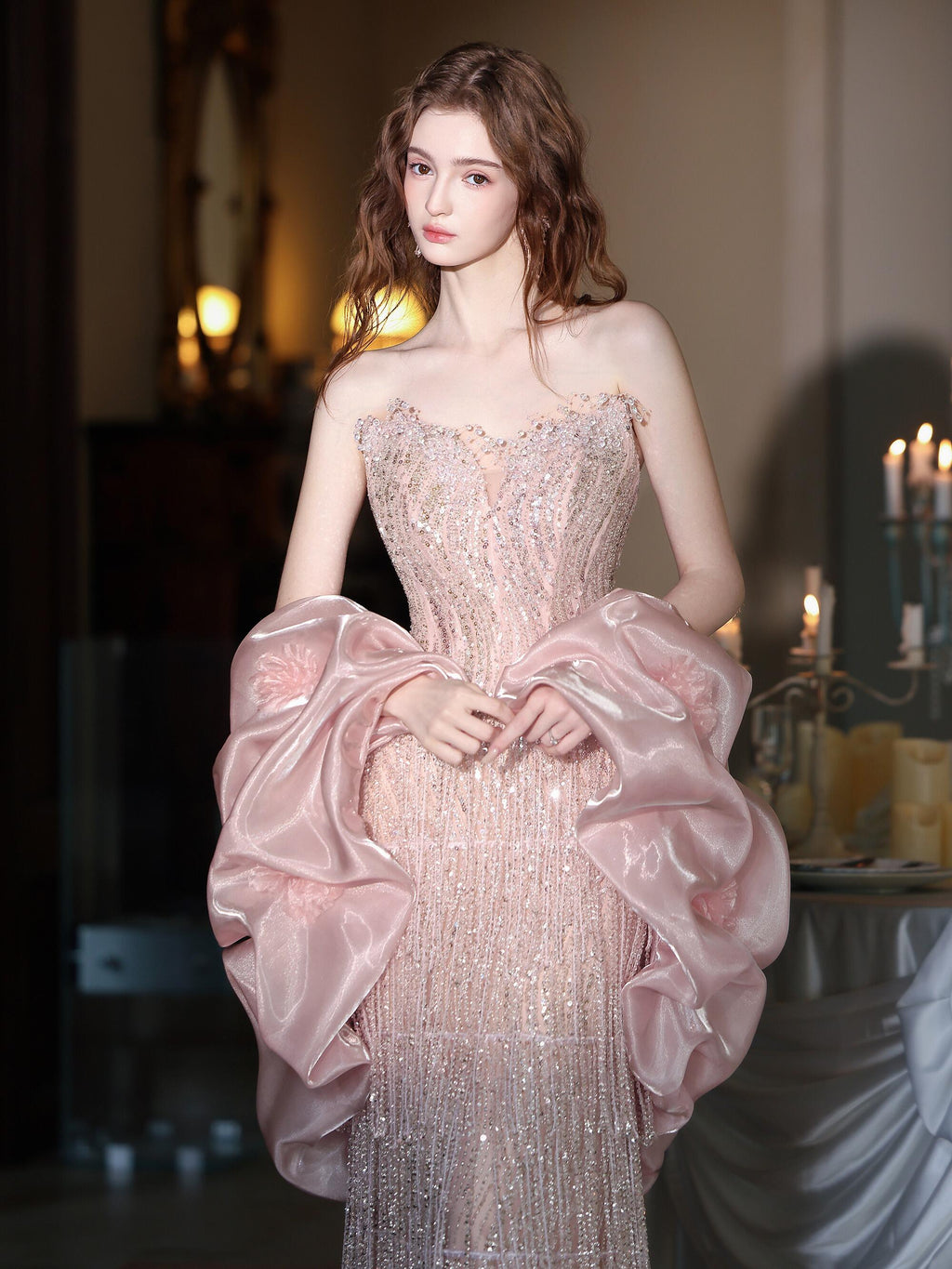 Luxury Sequin Beaded Evening Gown with Dramatic Organza Sleeves SL205