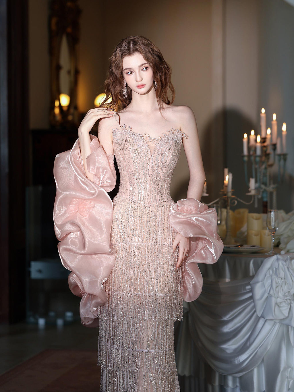 Luxury Sequin Beaded Evening Gown with Dramatic Organza Sleeves SL205