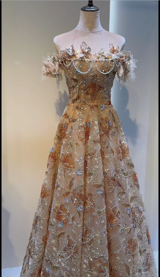 Luxury Champagne Floral Embroidery Evening Gown Off-Shoulder Couture Ball Gown WL163