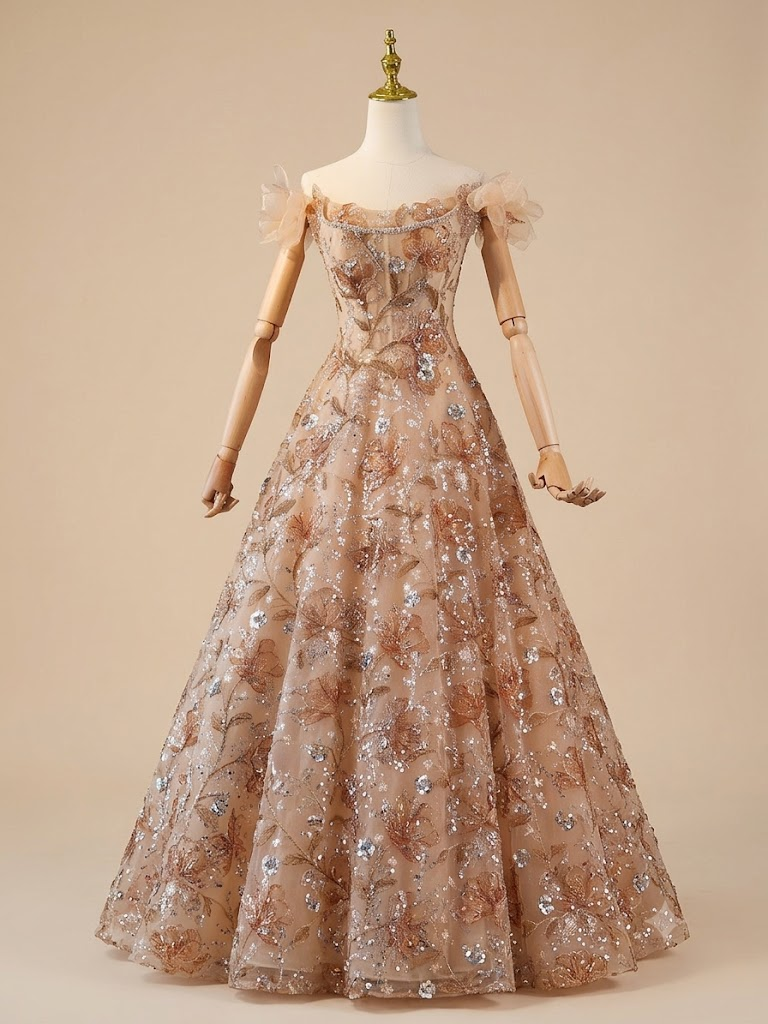 Luxury Champagne Floral Embroidered A-Line Evening Dress with Sequin SL202