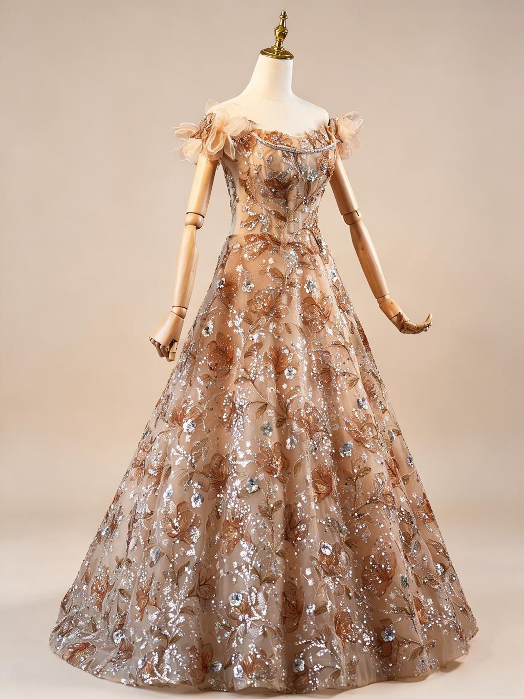 Luxury Champagne Floral Embroidered A-Line Evening Dress with Sequin SL202