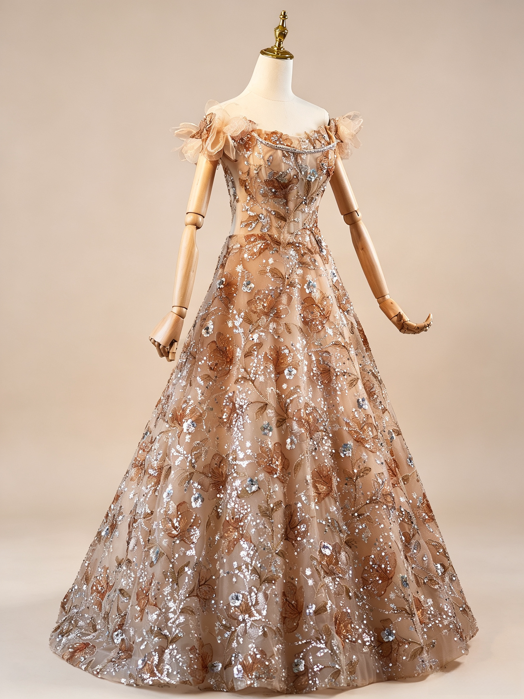 Luxury Champagne Floral Embroidered A-Line Evening Dress with Sequin SL202