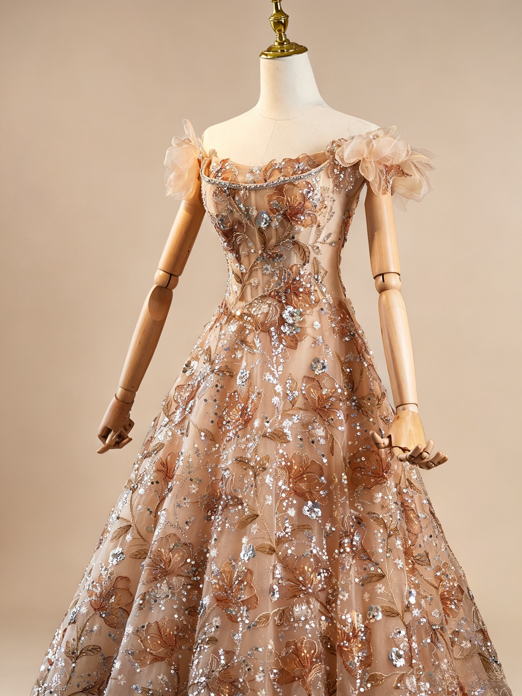 Luxury Champagne Floral Embroidered A-Line Evening Dress with Sequin SL202