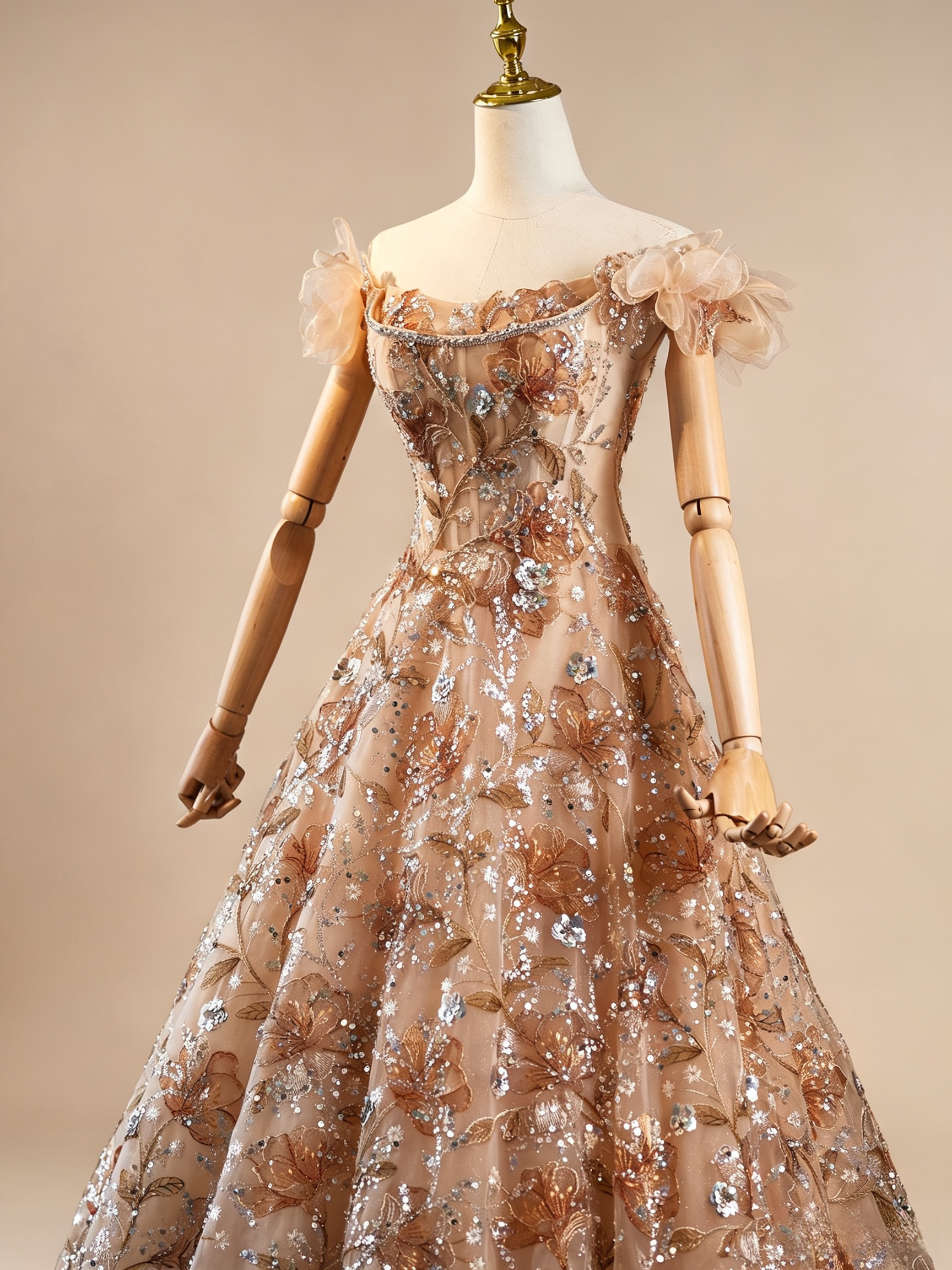 Luxury Champagne Floral Embroidered A-Line Evening Dress with Sequin SL202