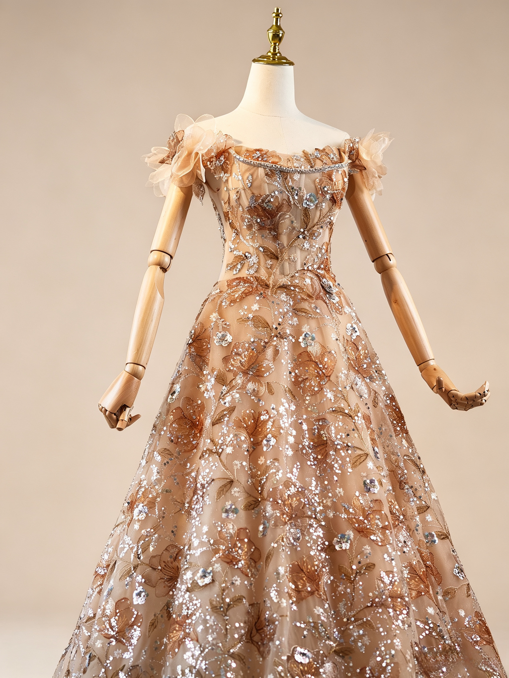 Luxury Champagne Floral Embroidered A-Line Evening Dress with Sequin SL202