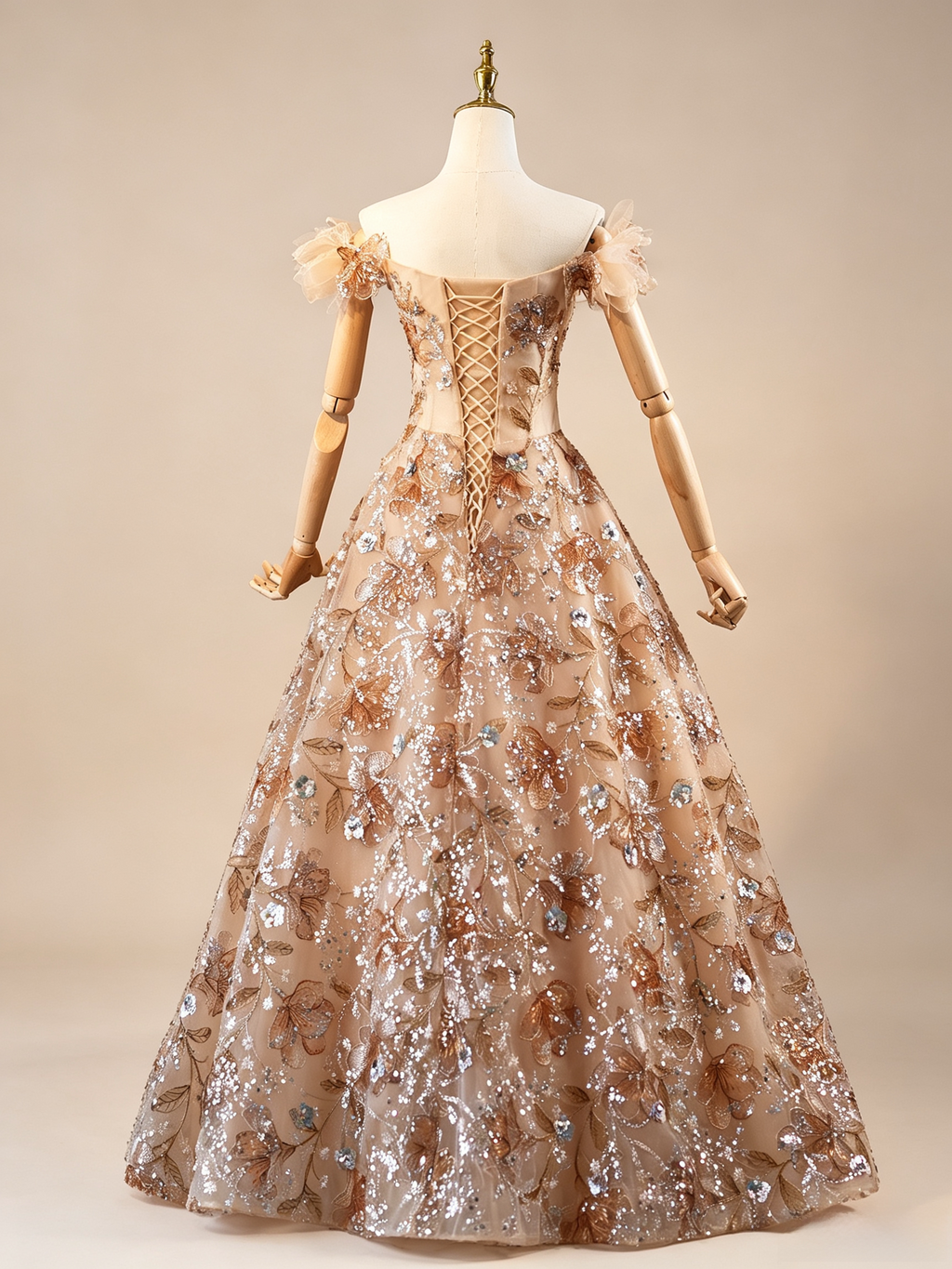Luxury Champagne Floral Embroidered A-Line Evening Dress with Sequin SL202