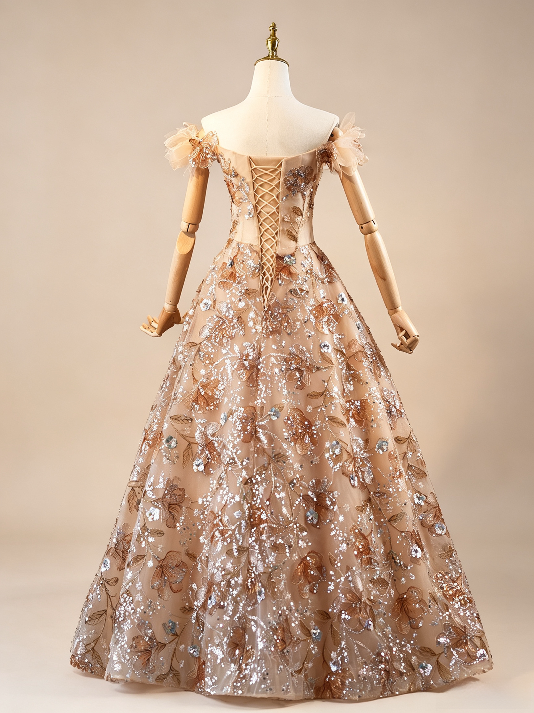 Luxury Champagne Floral Embroidered A-Line Evening Dress with Sequin SL202