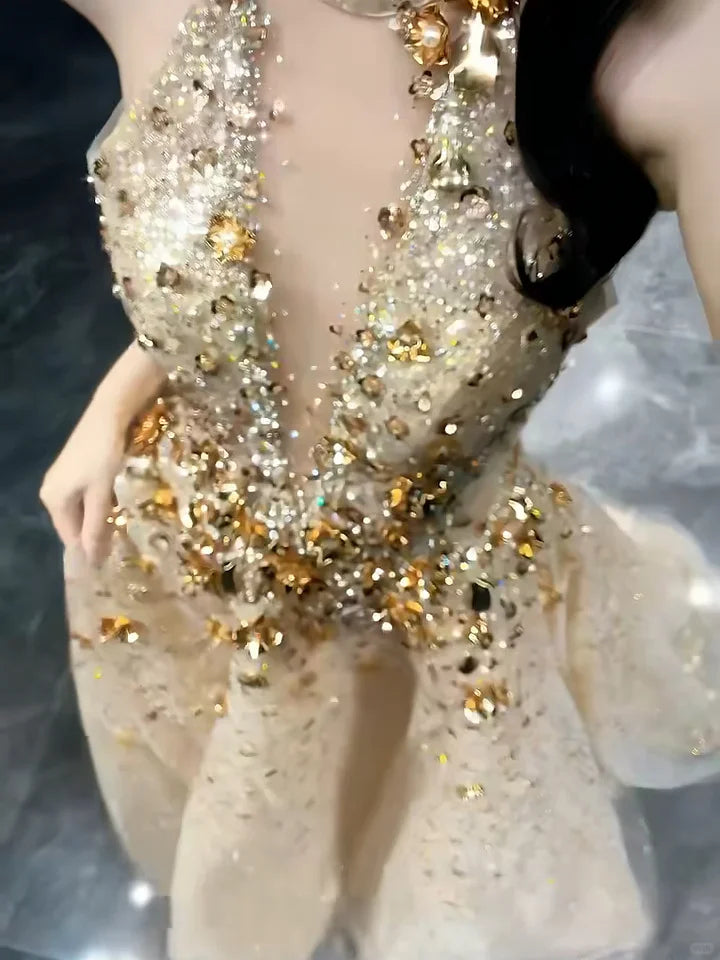 Luxury Gold Glitter Ball Gown Halter Neck Prom Dress SL153