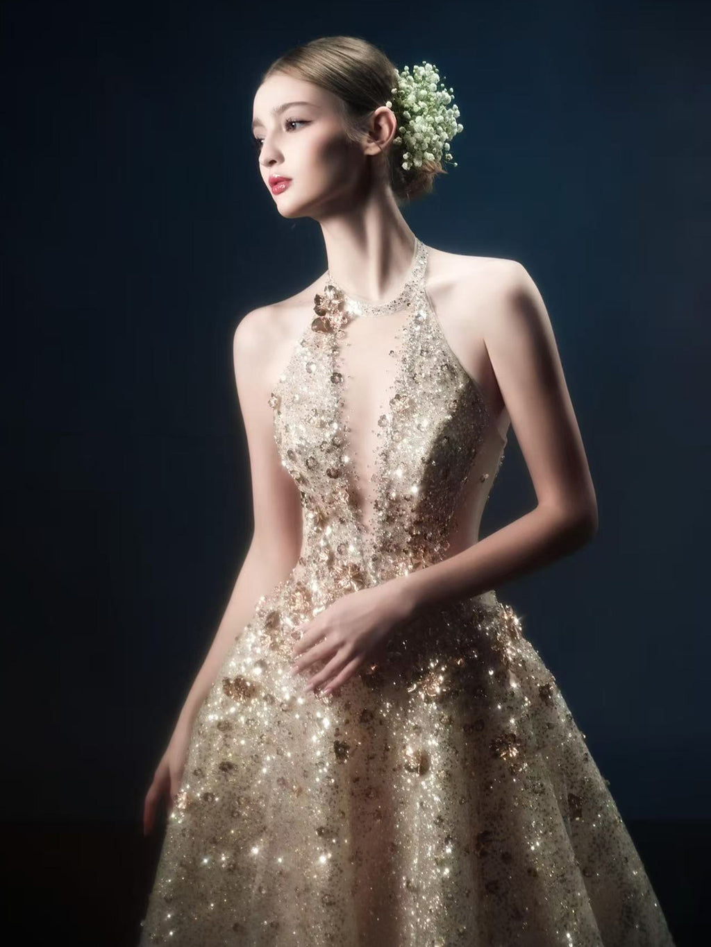 Luxury Gold Glitter Ball Gown Halter Neck Prom Dress SL153